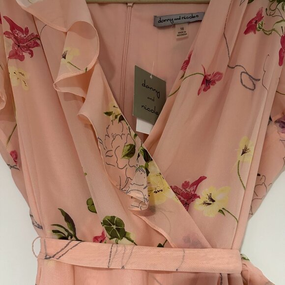 NWT Danny & Nicole Coral Pink Floral Ruffle Flutter Surplice Midi Dress Size 16 - Picture 4 of 7